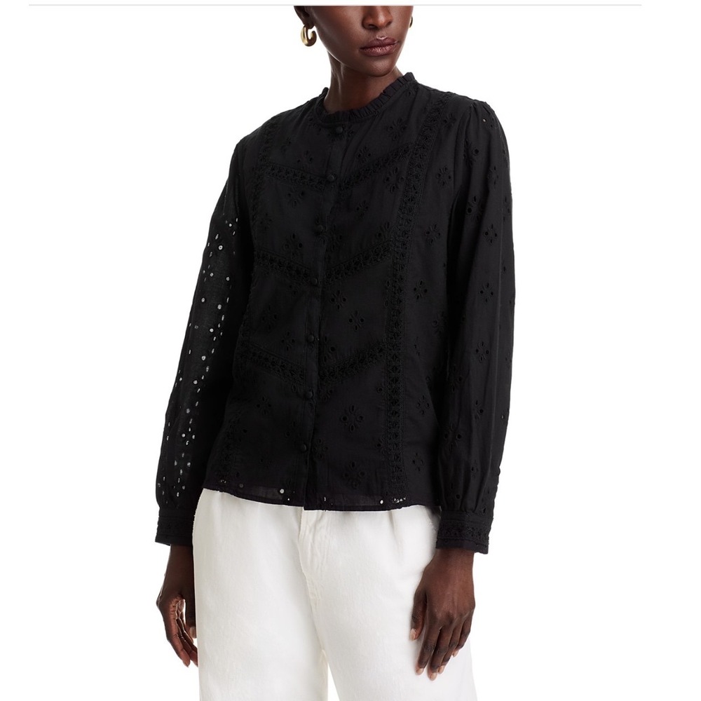 KOKO + MASON Black Eyelet Embroidered Button Front Long Sleeve Shirt XL‎